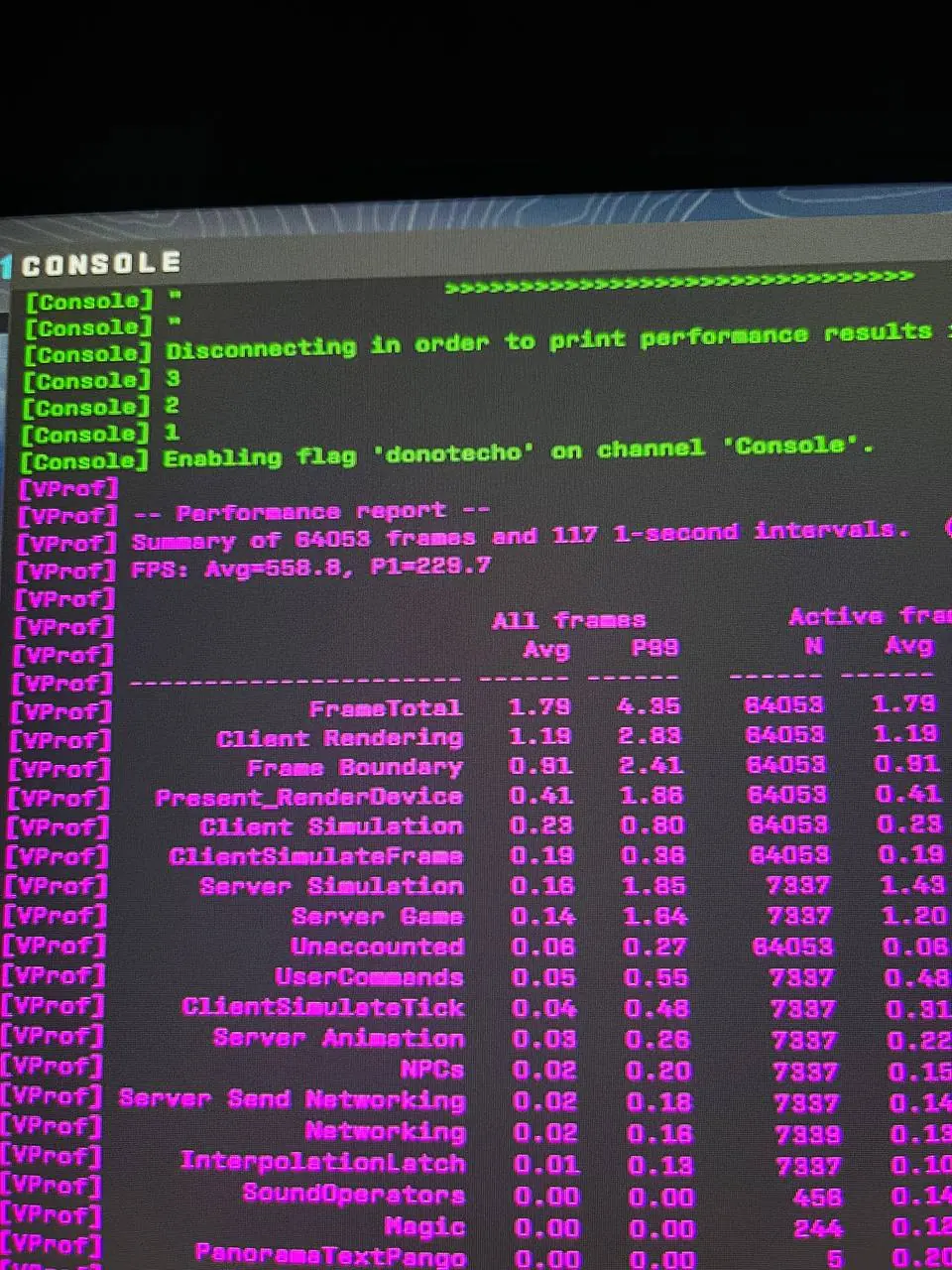 Скриншот отчёта FPS Benchmark после настройки: средний FPS 558,8, 1% low 229,7
